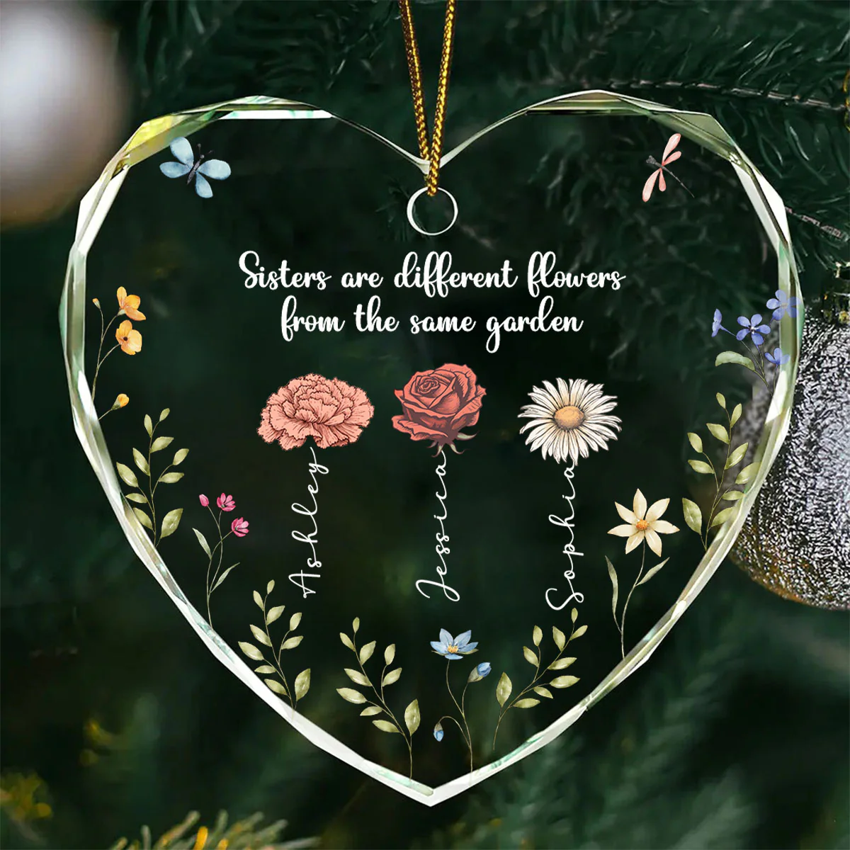 Sisters Are Different Flowers From The Same Garden Personalized Heart Glass Ornament, Christmas Gift For Sisters