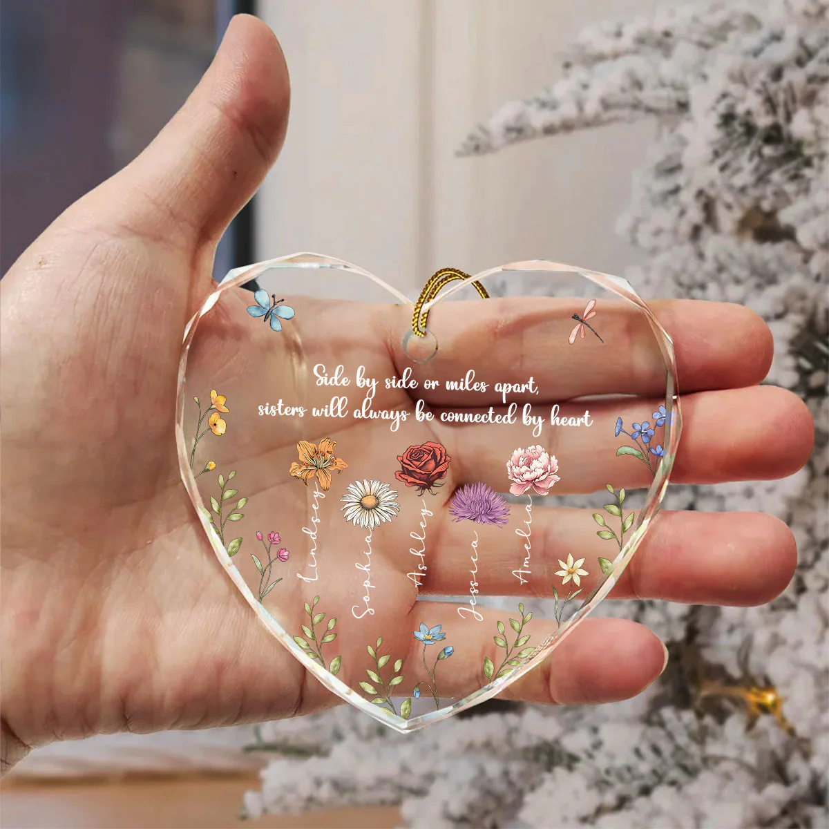 Sisters Are Different Flowers From The Same Garden Personalized Heart Glass Ornament, Christmas Gift For Sisters - Image 2