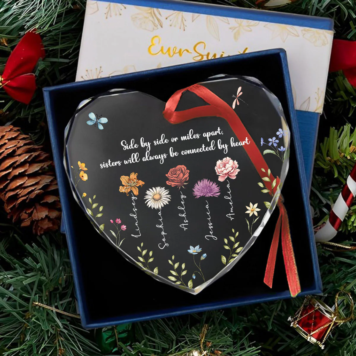 Sisters Are Different Flowers From The Same Garden Personalized Heart Glass Ornament, Christmas Gift For Sisters - Image 3