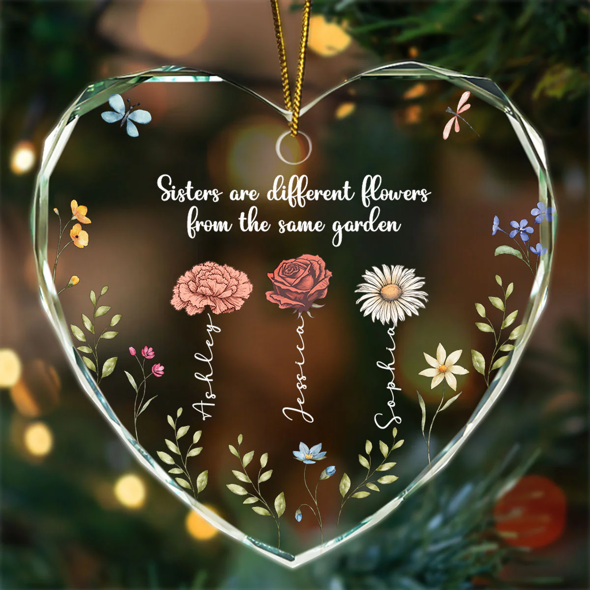 Sisters Are Different Flowers From The Same Garden Personalized Heart Glass Ornament, Christmas Gift For Sisters - Image 4