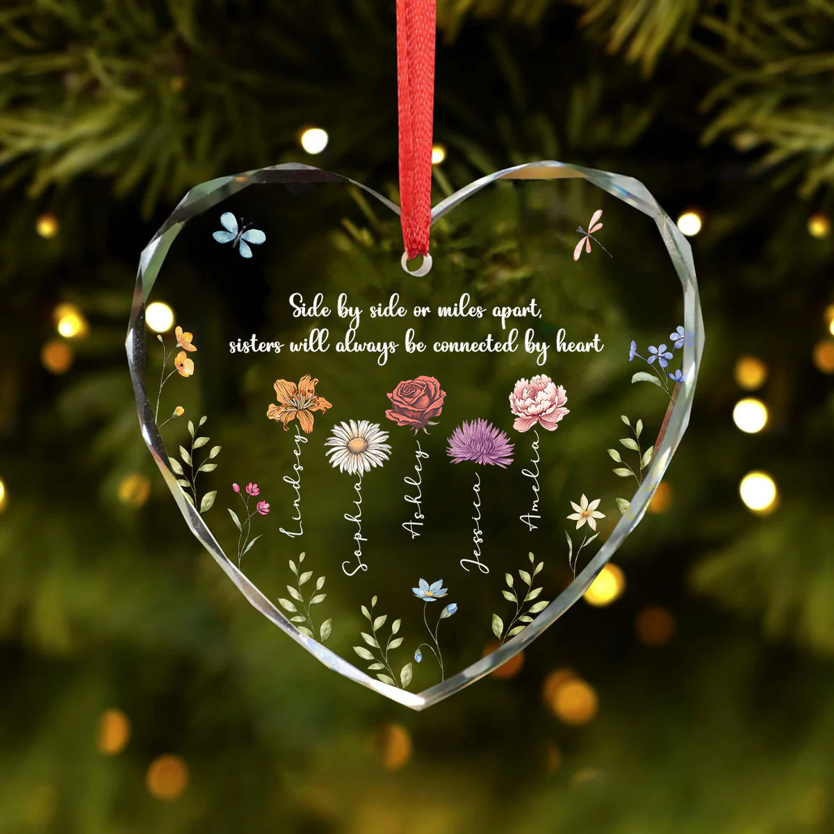 Sisters Are Different Flowers From The Same Garden Personalized Heart Glass Ornament, Christmas Gift For Sisters - Image 5