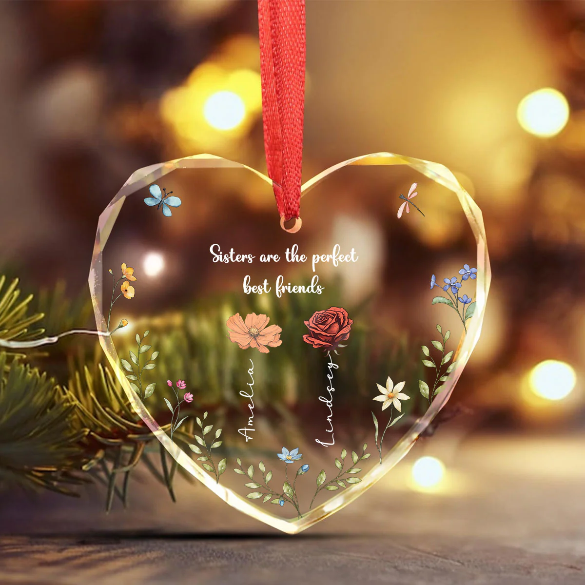 Sisters Are Different Flowers From The Same Garden Personalized Heart Glass Ornament, Christmas Gift For Sisters - Image 6