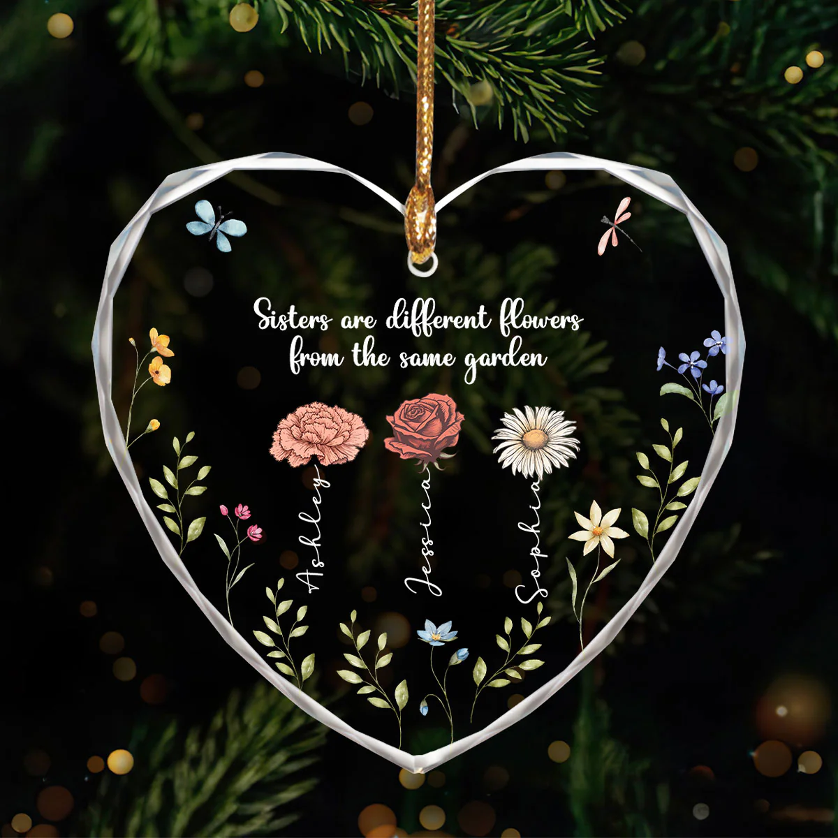 Sisters Are Different Flowers From The Same Garden Personalized Heart Glass Ornament, Christmas Gift For Sisters - Image 7