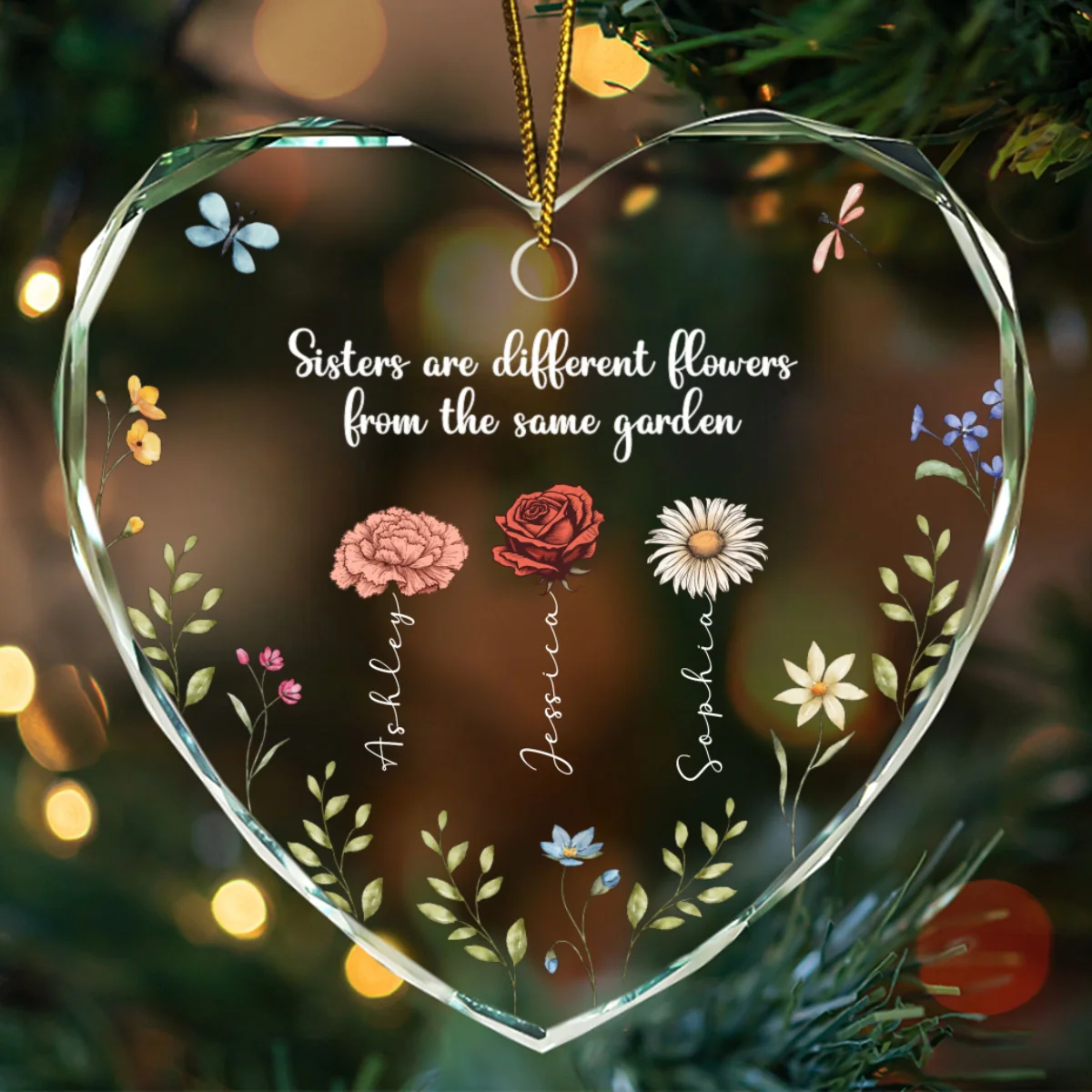 Sisters Are Different Flowers From The Same Garden Personalized Heart Glass Ornament, Christmas Gift For Sisters - Image 9