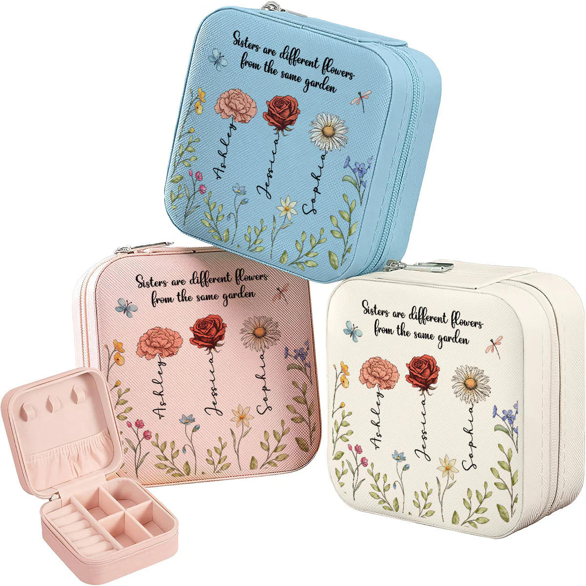 Sisters Are Different Flowers From The Same Garden Personalized Portable Jewelry Box, Birthday Gift For Sisters, Siblings, Besties or Just Because - Image 4