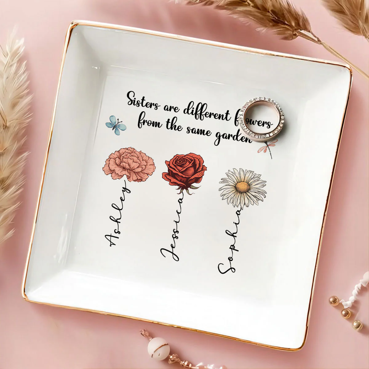Sisters Are Different Flowers From The Same Garden Personalized Jewelry Dish, Gift For Sisters, Siblings, Besties - Image 2