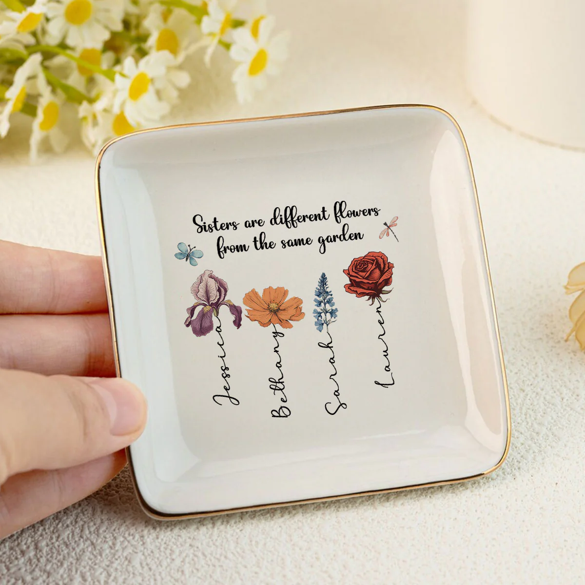 Sisters Are Different Flowers From The Same Garden Personalized Jewelry Dish, Gift For Sisters, Siblings, Besties - Image 3