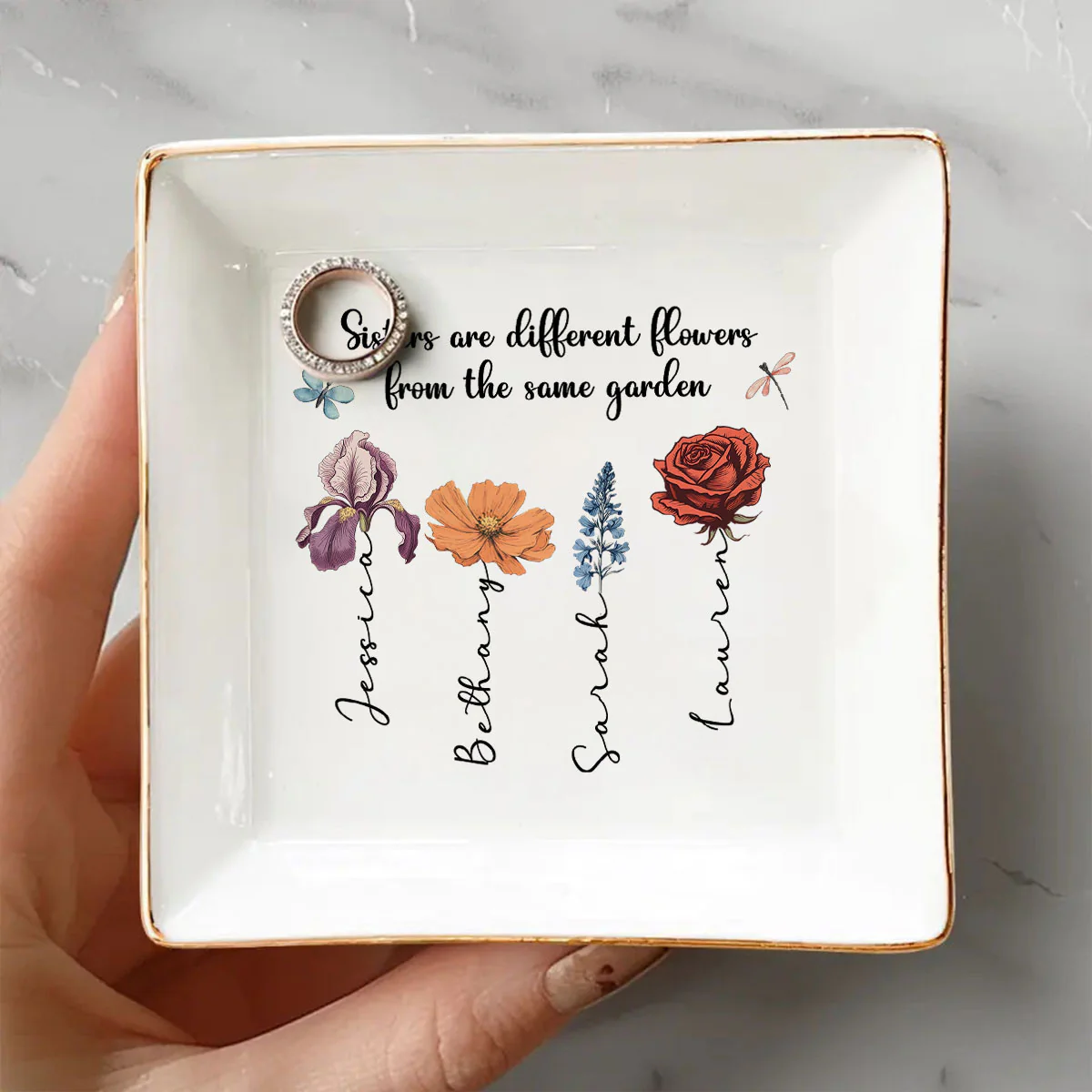 Sisters Are Different Flowers From The Same Garden Personalized Jewelry Dish, Gift For Sisters, Siblings, Besties - Image 4