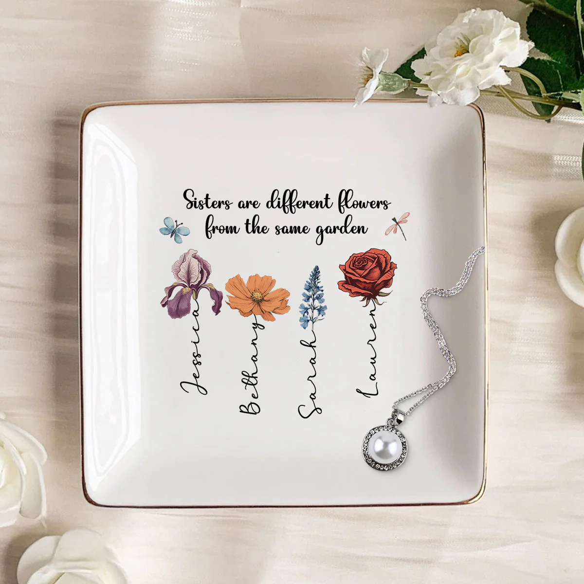 Sisters Are Different Flowers From The Same Garden Personalized Jewelry Dish, Gift For Sisters, Siblings, Besties - Image 5