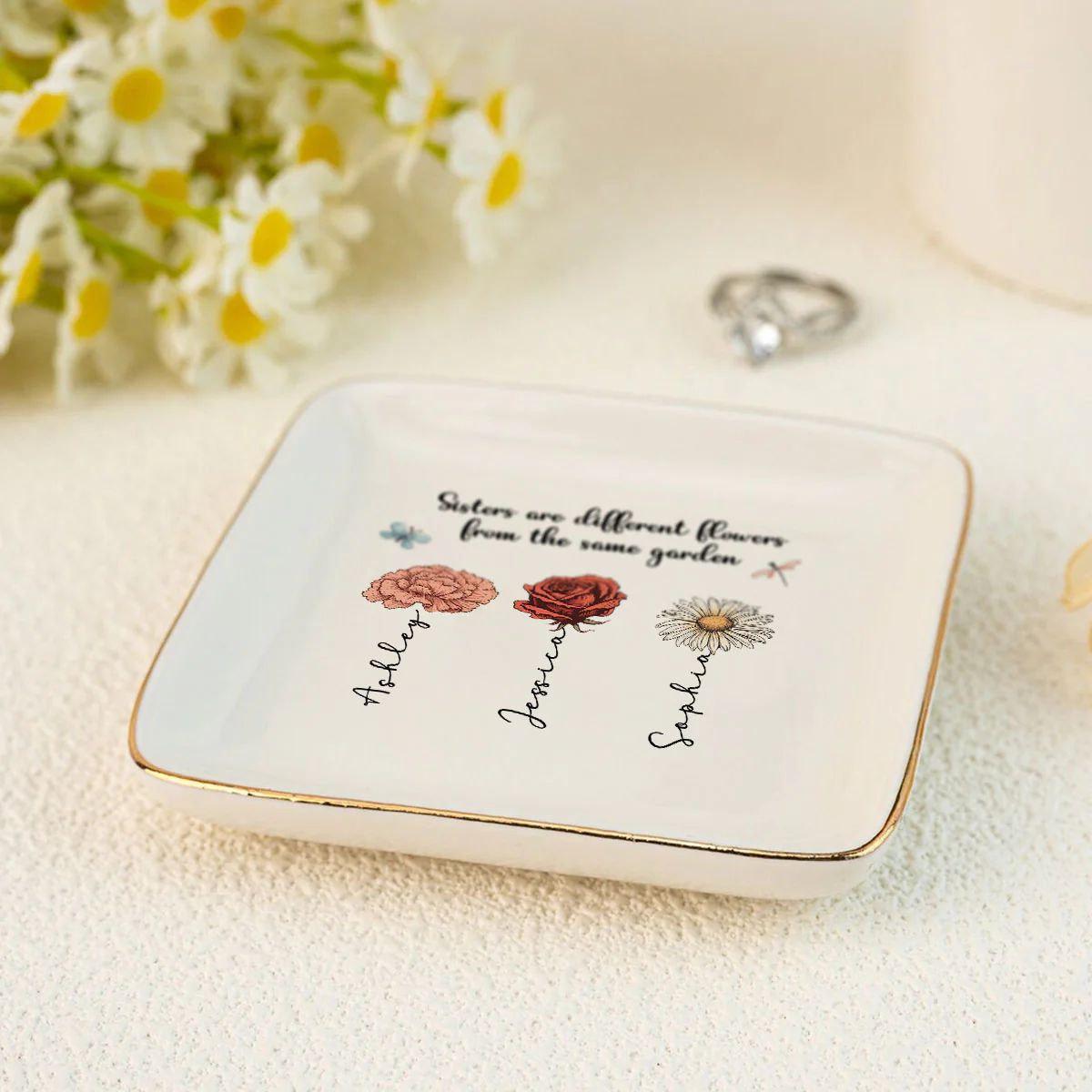 Sisters Are Different Flowers From The Same Garden Personalized Jewelry Dish, Gift For Sisters, Siblings, Besties - Image 7