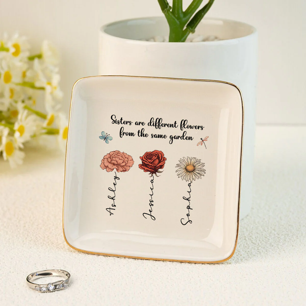 Sisters Are Different Flowers From The Same Garden Personalized Jewelry Dish, Gift For Sisters, Siblings, Besties - Image 8