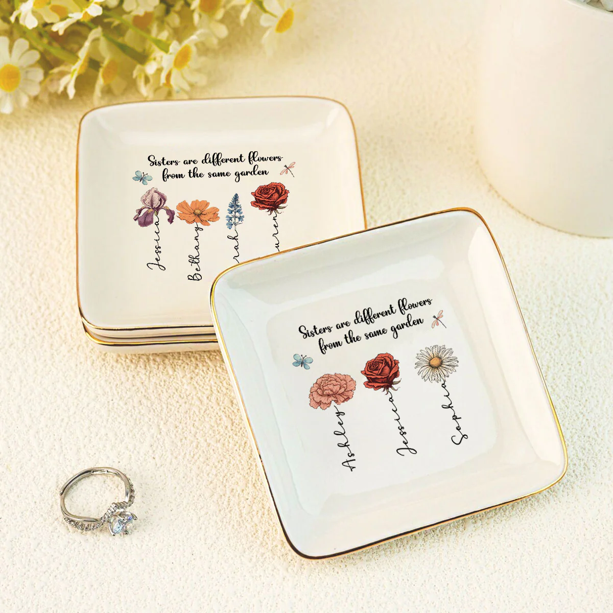 Sisters Are Different Flowers From The Same Garden Personalized Jewelry Dish, Gift For Sisters, Siblings, Besties - Image 9