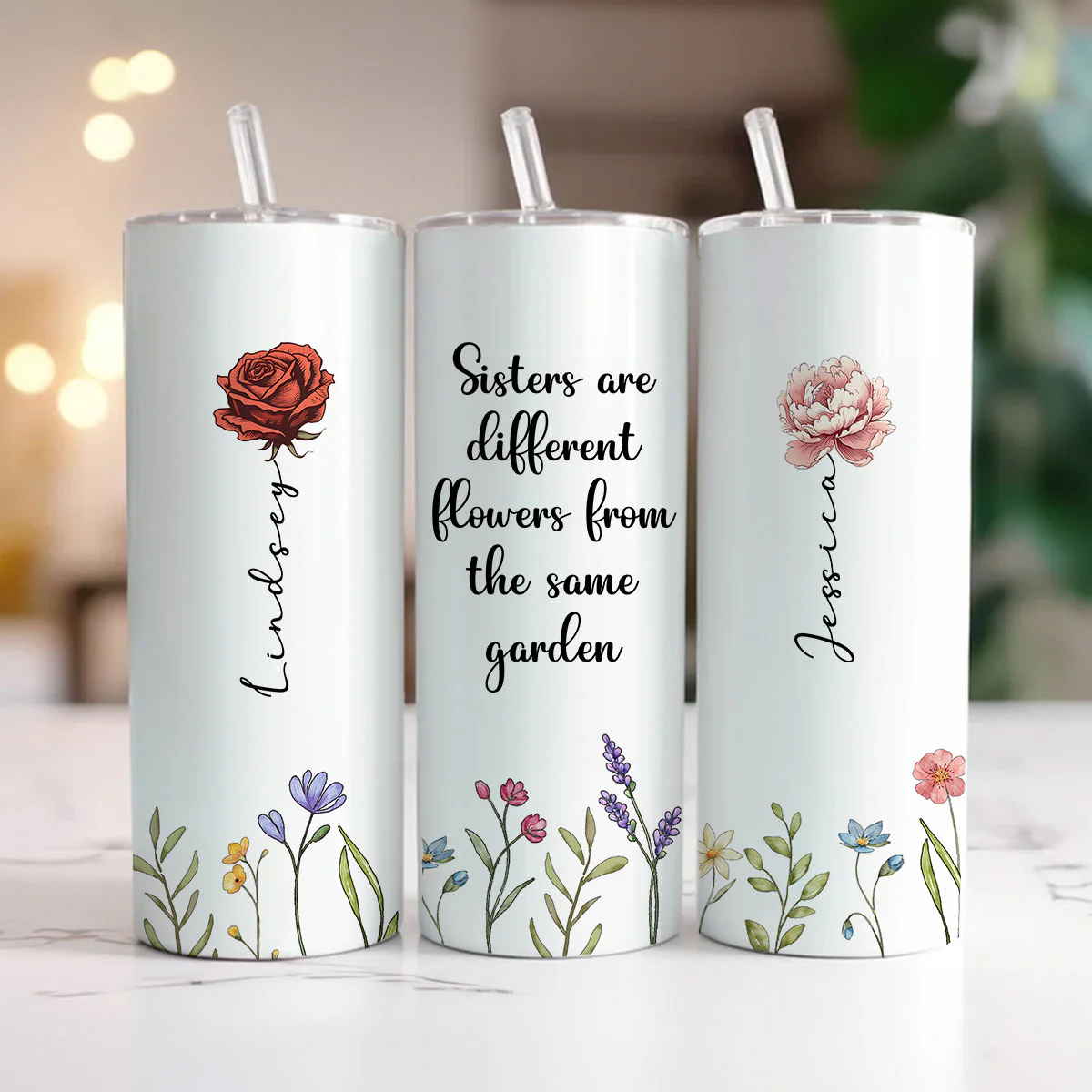 Sisters Are Different Flowers From The Same Garden Personalized Skinny Tumbler, Birthday, Christmas Gift For Sisters, Siblings, Besties - Image 3