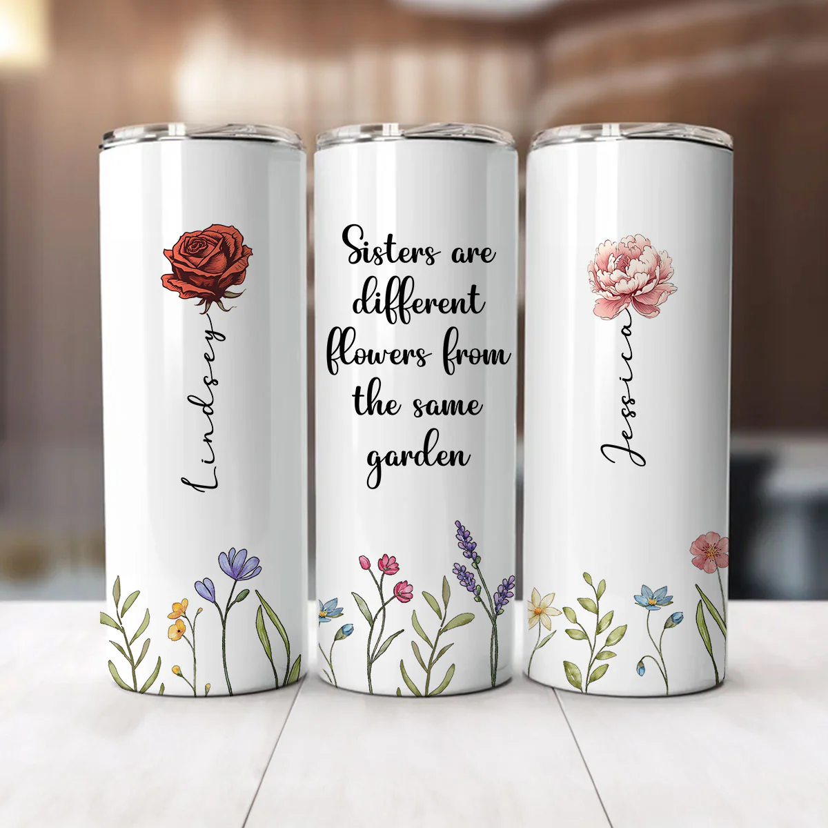 Sisters Are Different Flowers From The Same Garden Personalized Skinny Tumbler, Birthday, Christmas Gift For Sisters, Siblings, Besties - Image 4