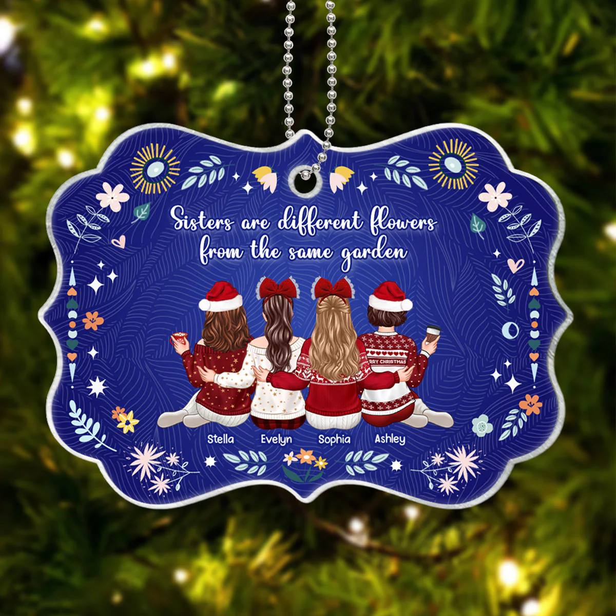 Sisters Are Different Flowers from the Same Garden, Sisters Sitting Back View Personalized Acrylic Ornament, Christmas Gift for