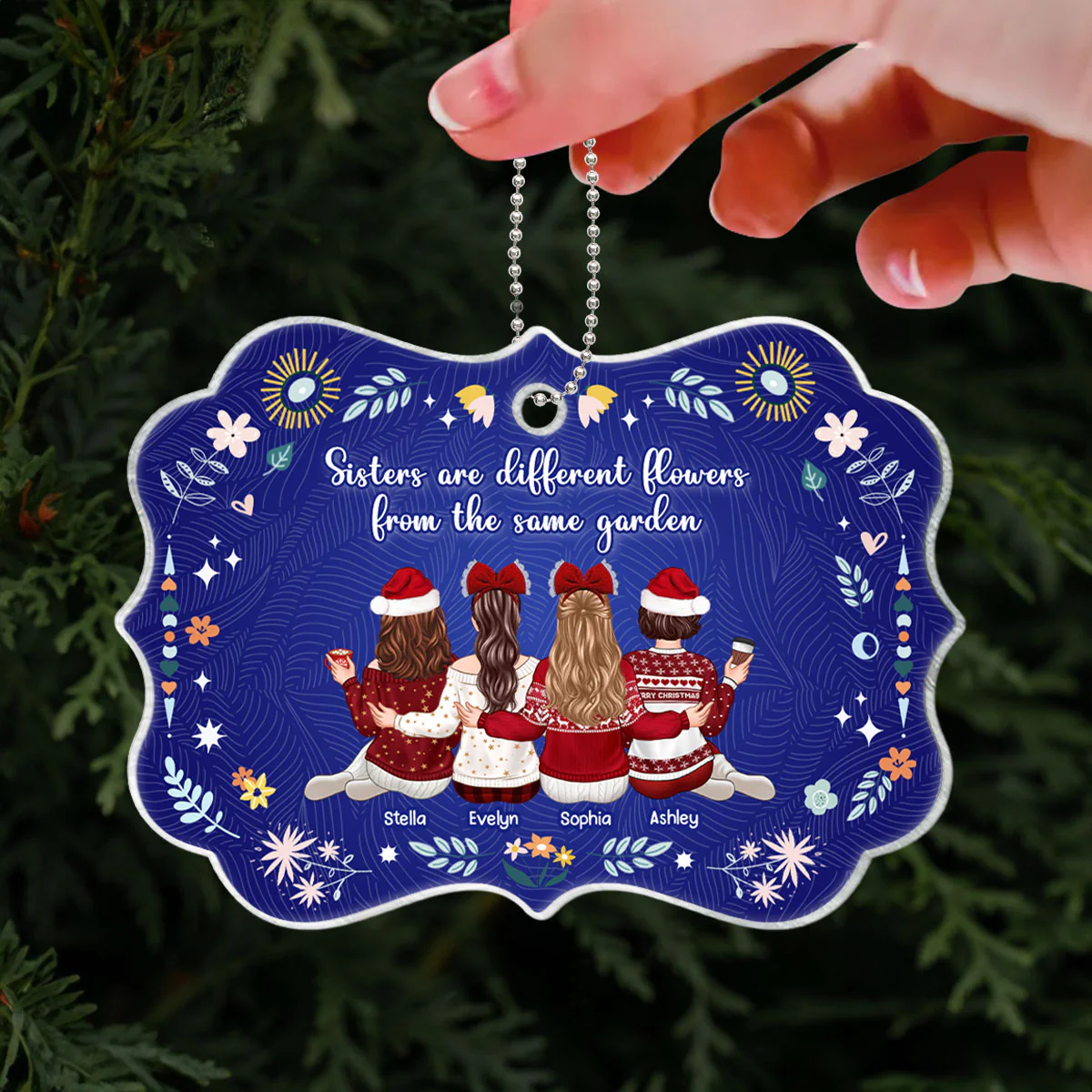 Sisters Are Different Flowers from the Same Garden, Sisters Sitting Back View Personalized Acrylic Ornament, Christmas Gift for - Image 4