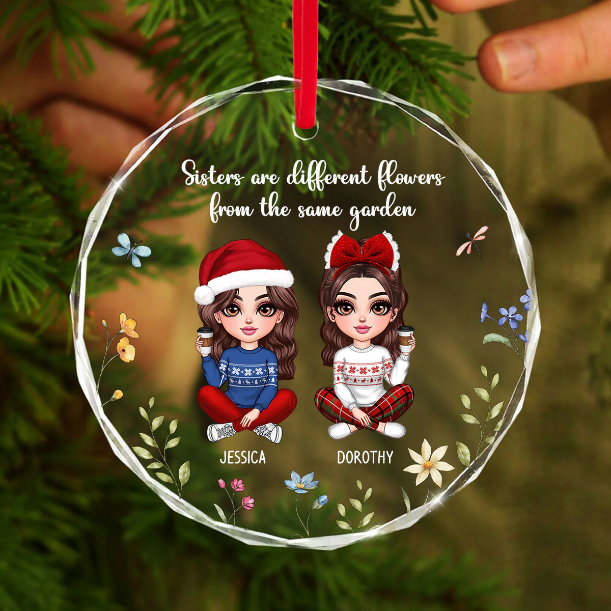 Sisters Are Differents Flowers From The Same Garden, Doll Sisters Sitting Personalized Glass Ornament, Christmas Gift For Sisters - Image 2