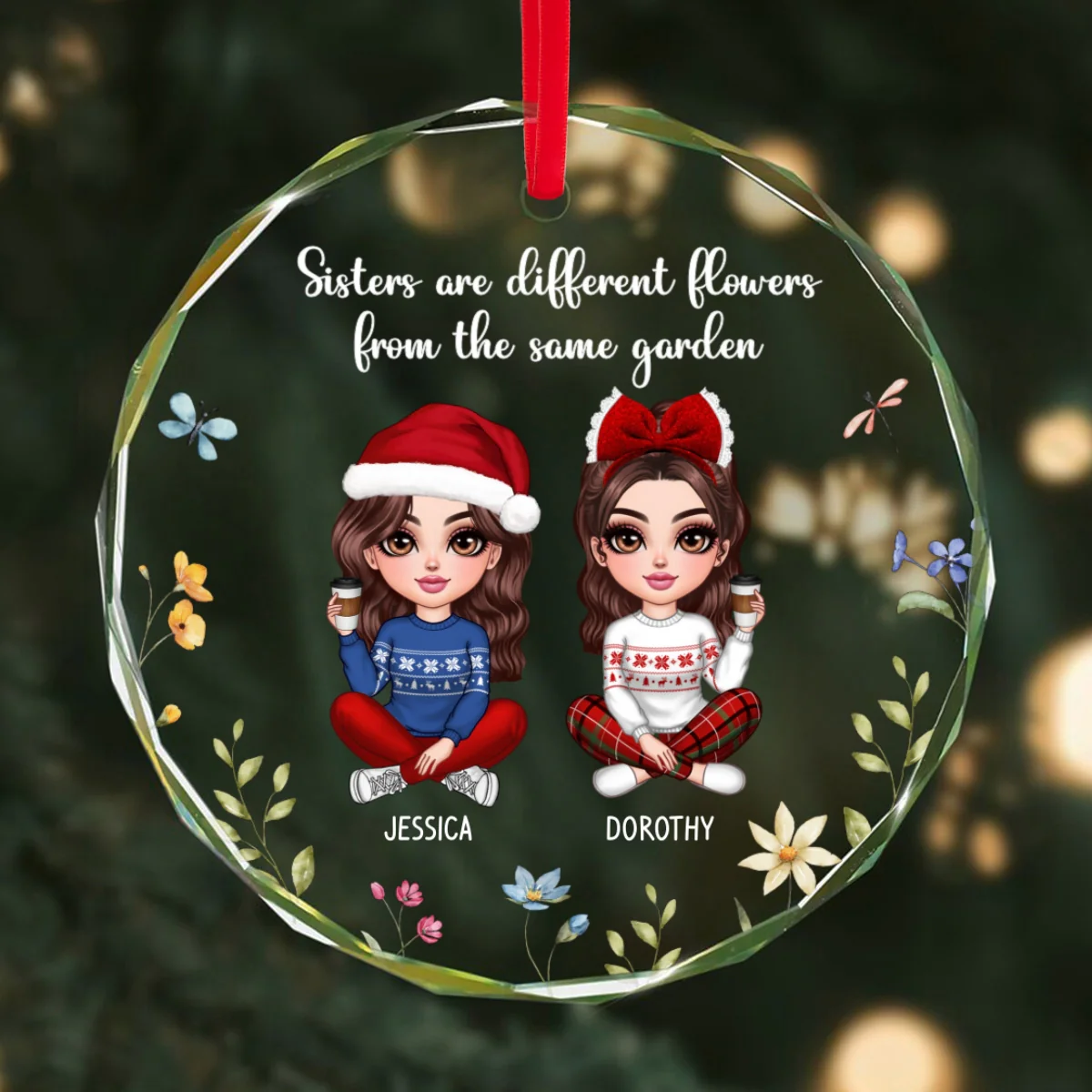 Sisters Are Differents Flowers From The Same Garden, Doll Sisters Sitting Personalized Glass Ornament, Christmas Gift For Sisters - Image 7