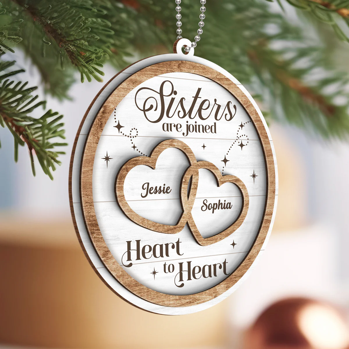 Sisters Are Joined Heart To Heart Christmas Personalized 2-Layer Wooden Ornament, Christmas Gift For Sisters, Siblings - Image 2