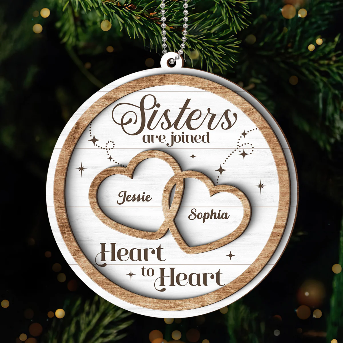 Sisters Are Joined Heart To Heart Christmas Personalized 2-Layer Wooden Ornament, Christmas Gift For Sisters, Siblings - Image 3