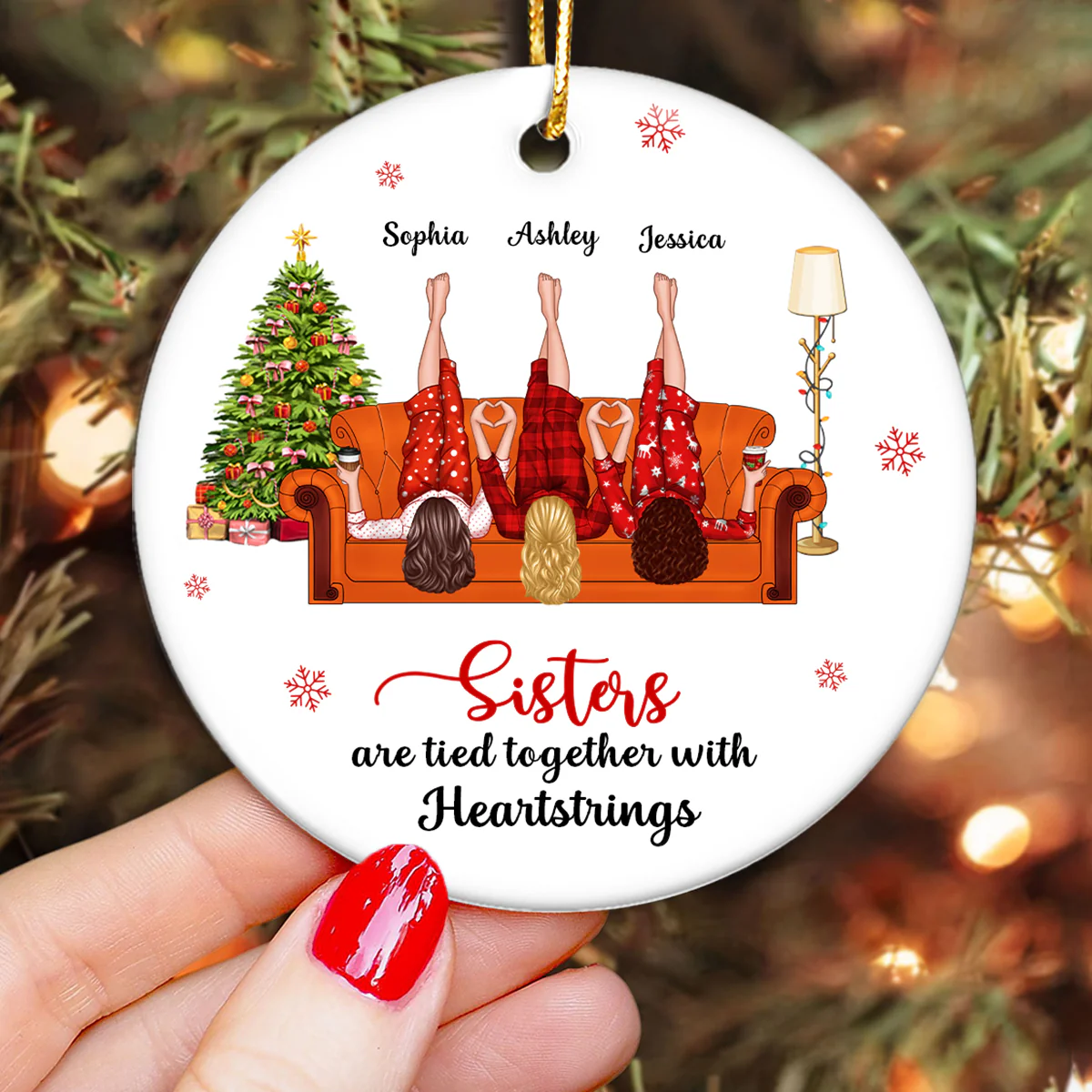 Sisters Are Tied Together With Heartstrings Personalized Ceramic Ornament, Christmas Gift for Sisters, Siblings - Image 4