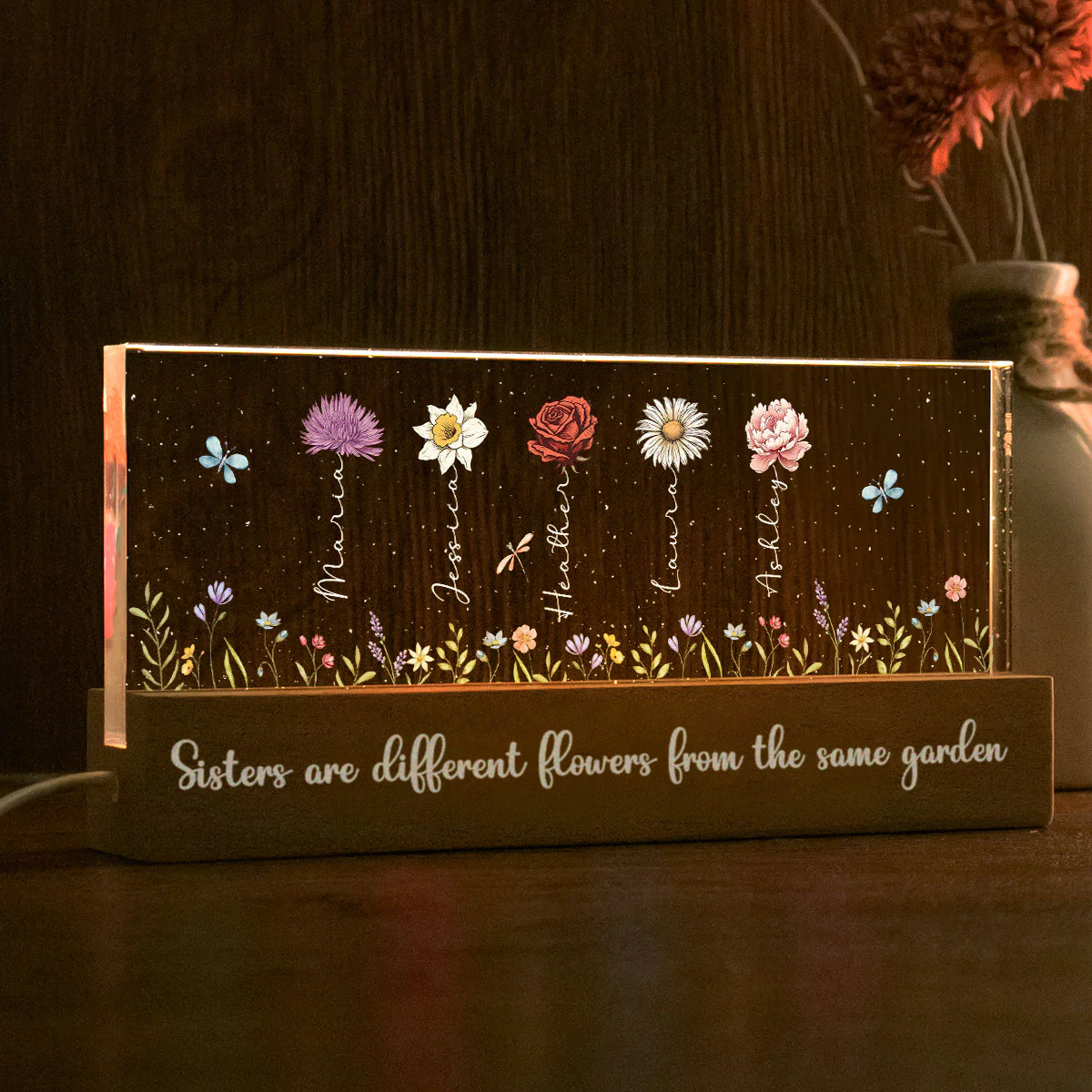 Sisters Besties Are Different Flowers From The Same Garden Personalized Acrylic Block LED Night Light - Image 3