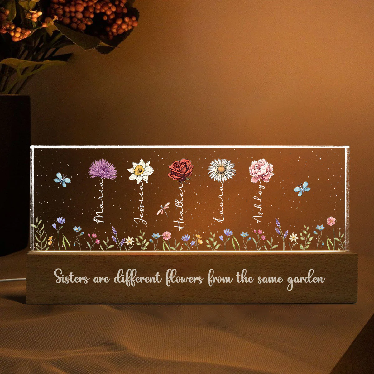 Sisters Besties Are Different Flowers From The Same Garden Personalized Acrylic Block LED Night Light - Image 4