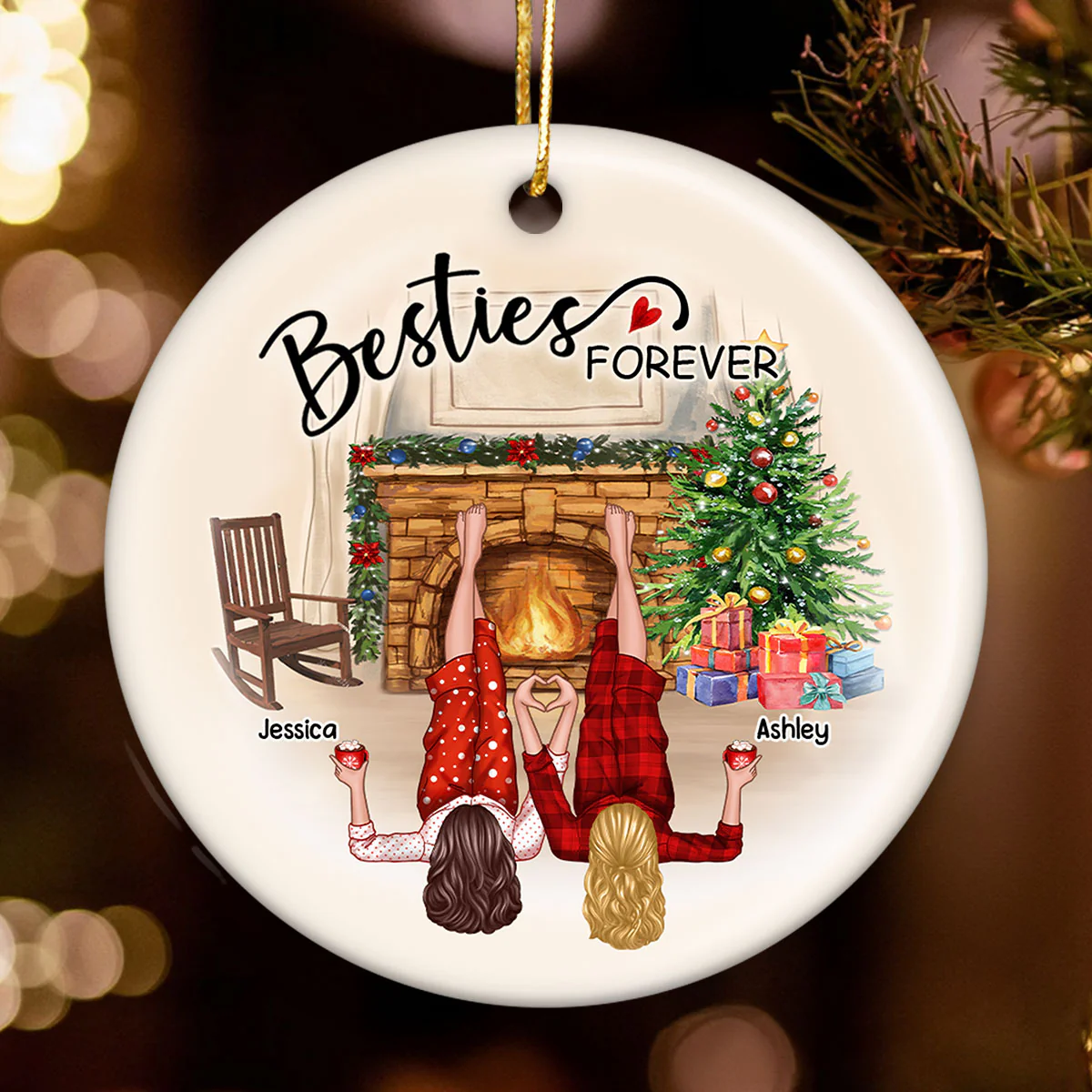 Sisters Besties By The Fireplace Personalized Ceramic Ornament, Christmas Gift for Besties, Sisters - Image 2