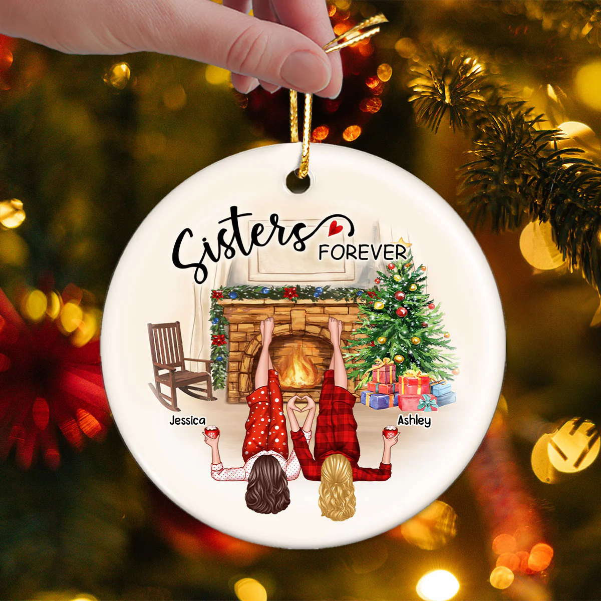 Sisters Besties By The Fireplace Personalized Ceramic Ornament, Christmas Gift for Besties, Sisters - Image 3