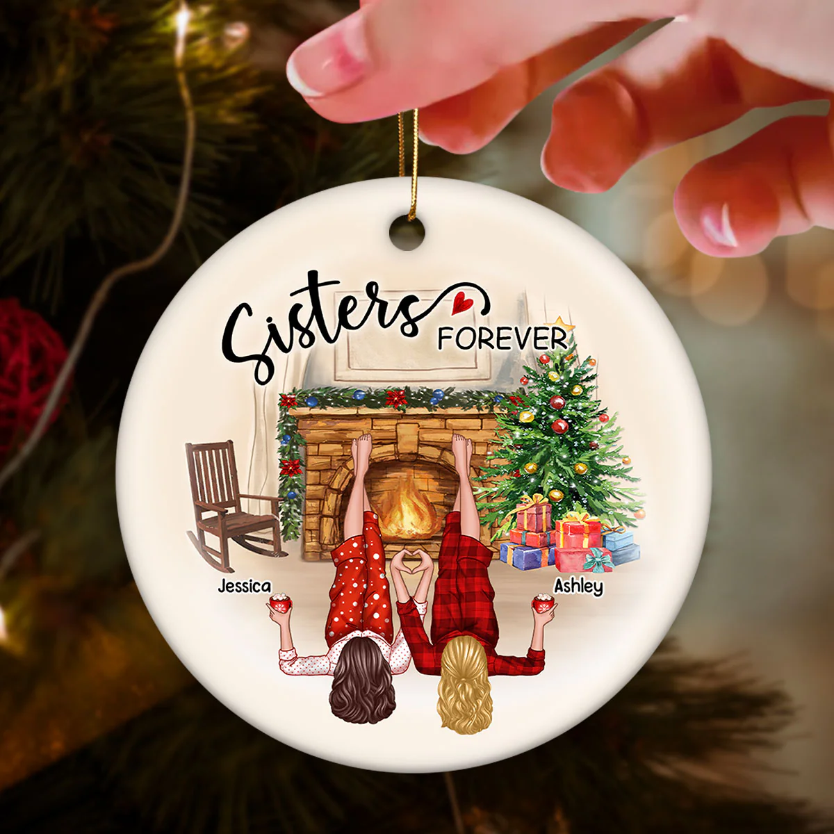 Sisters Besties By The Fireplace Personalized Ceramic Ornament, Christmas Gift for Besties, Sisters - Image 4