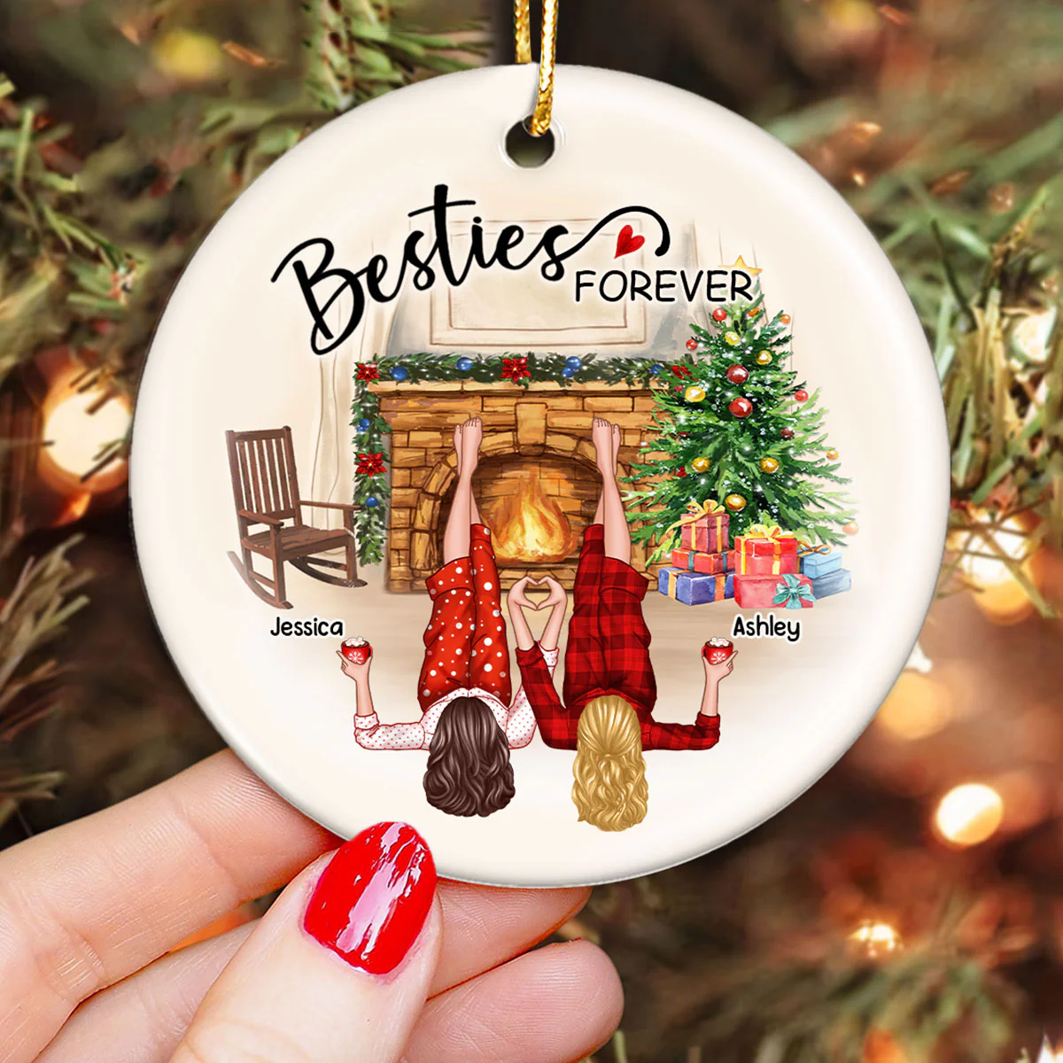 Sisters Besties By The Fireplace Personalized Ceramic Ornament, Christmas Gift for Besties, Sisters - Image 5