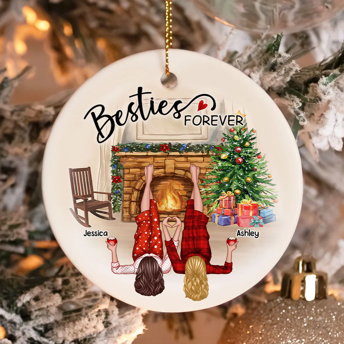 Sisters Besties By The Fireplace Personalized Ceramic Ornament, Christmas Gift for Besties, Sisters - Image 7