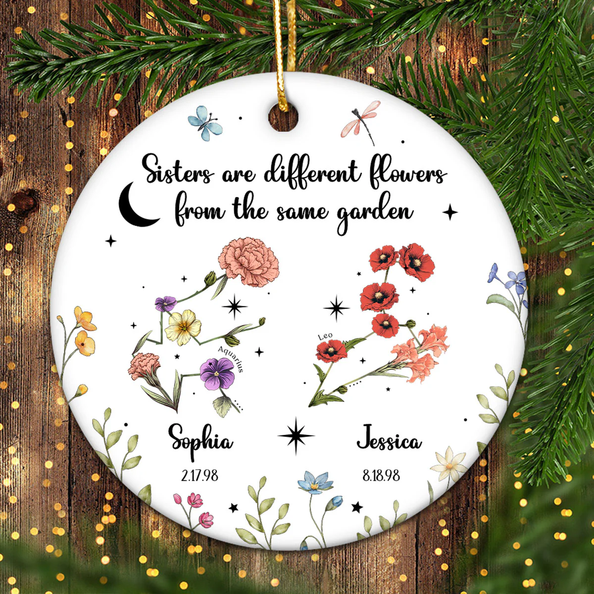 Sisters Besties Friends Zodiac Birth Month Flowers Personalized Circle Ornament, Christmas Gift - Image 2