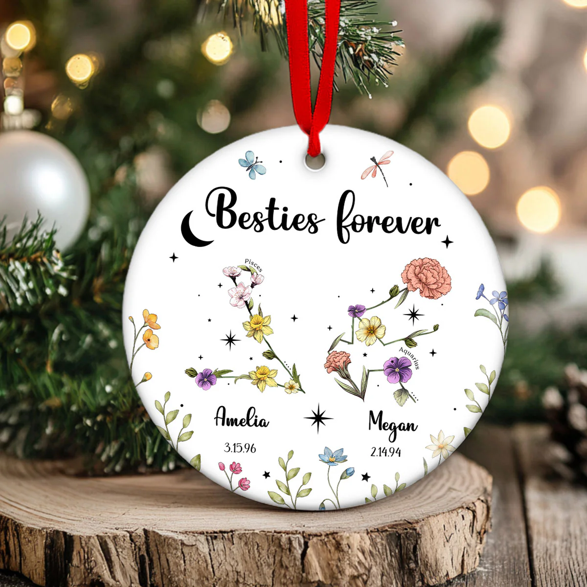 Sisters Besties Friends Zodiac Birth Month Flowers Personalized Circle Ornament, Christmas Gift - Image 3