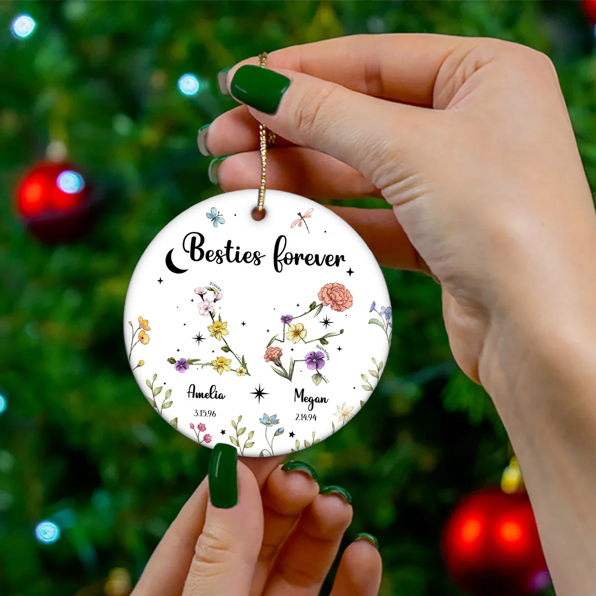 Sisters Besties Friends Zodiac Birth Month Flowers Personalized Circle Ornament, Christmas Gift - Image 5