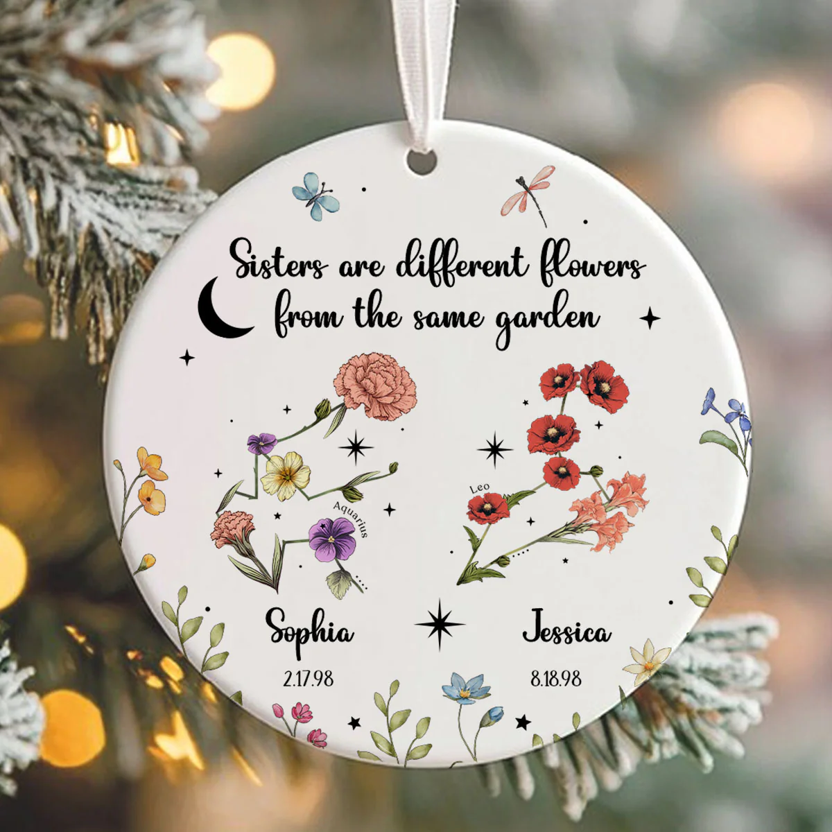 Sisters Besties Friends Zodiac Birth Month Flowers Personalized Circle Ornament, Christmas Gift - Image 6
