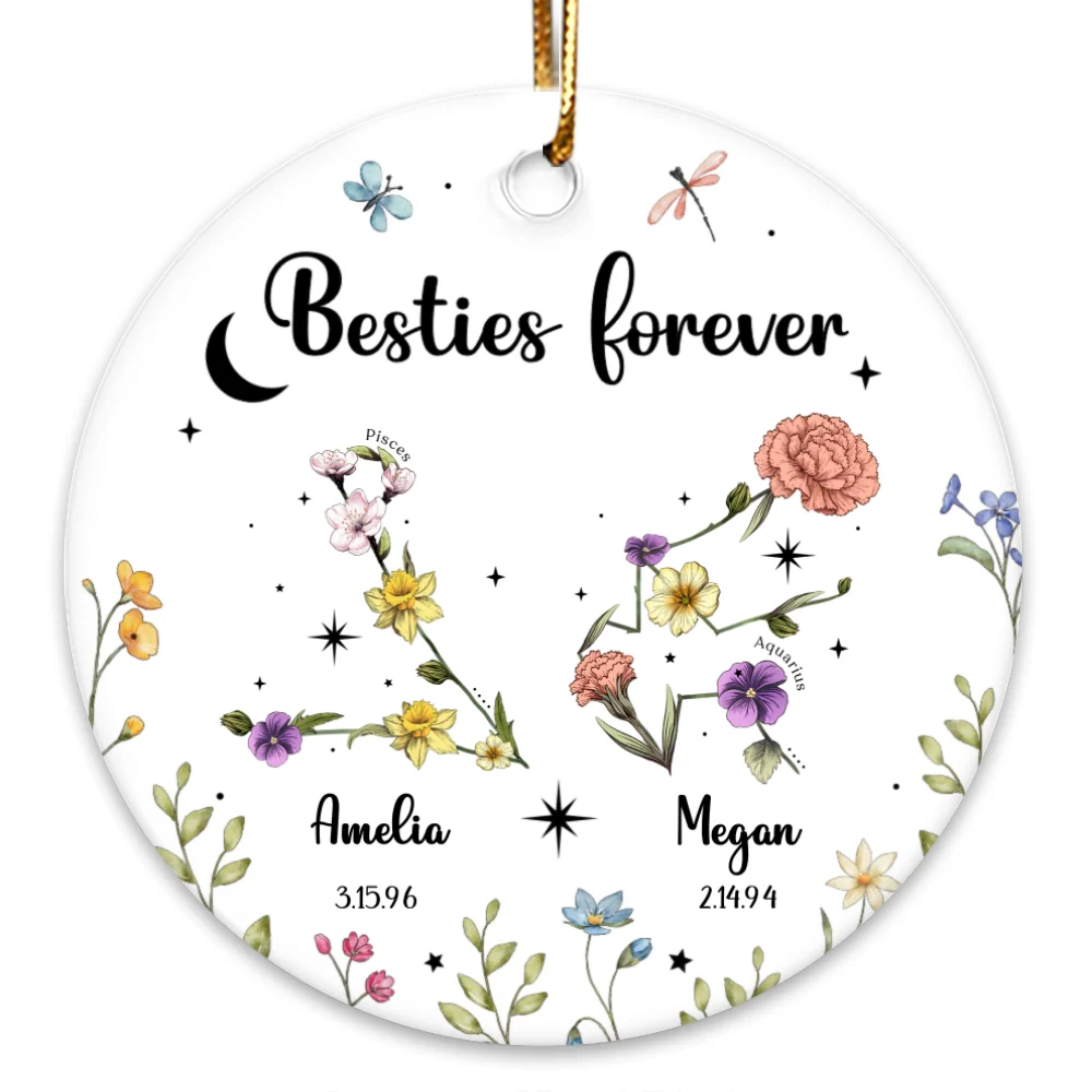 Sisters Besties Friends Zodiac Birth Month Flowers Personalized Circle Ornament, Christmas Gift - Image 9