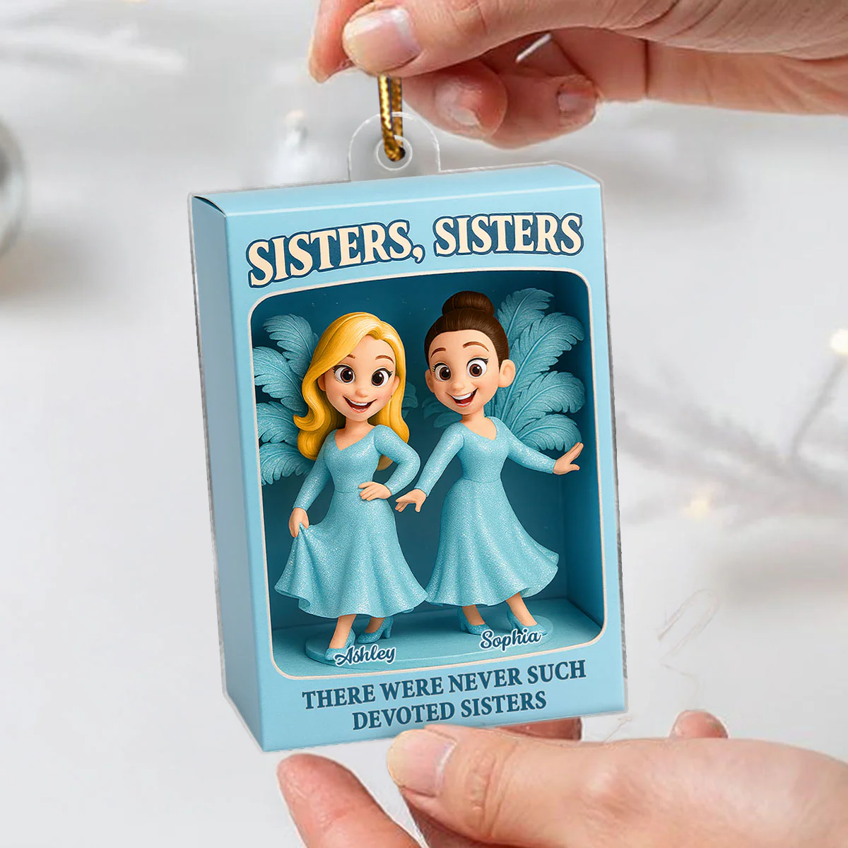 Sisters Besties in Blue Dress Custom Name Toy Box Figure Style Personalized Acrylic Ornament - Image 5