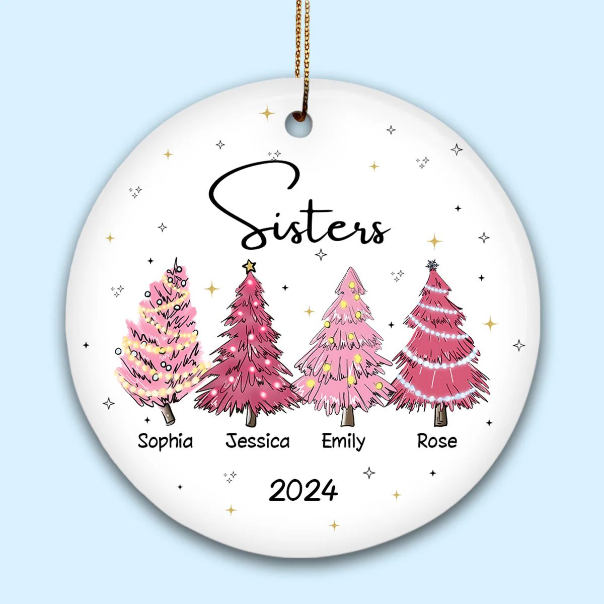 Sisters Besties Pink Christmas Tree Personalized Ceramic Ornament - Image 2
