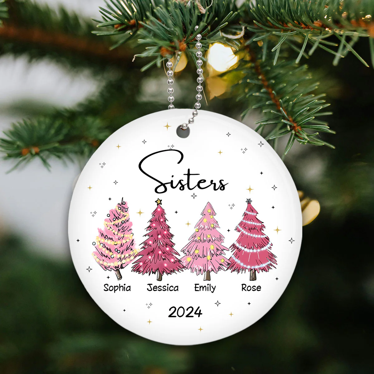 Sisters Besties Pink Christmas Tree Personalized Ceramic Ornament - Image 3