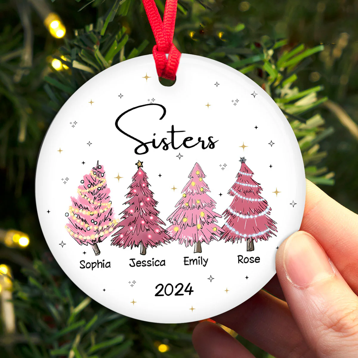 Sisters Besties Pink Christmas Tree Personalized Ceramic Ornament - Image 4