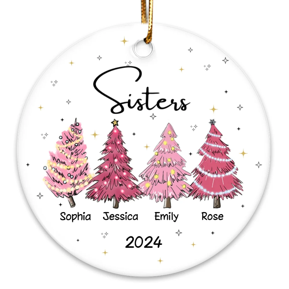 Sisters Besties Pink Christmas Tree Personalized Ceramic Ornament - Image 9