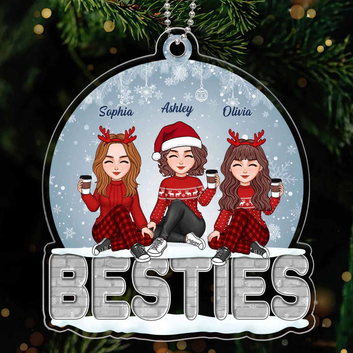 Sisters Besties Sitting On Brick Snow Globe Personalized Acrylic Ornament