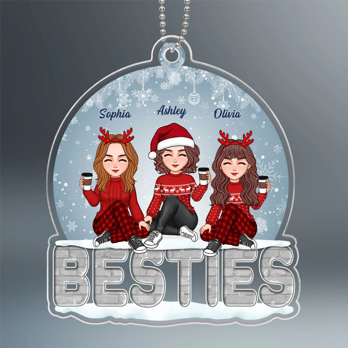 Sisters Besties Sitting On Brick Snow Globe Personalized Acrylic Ornament - Image 2