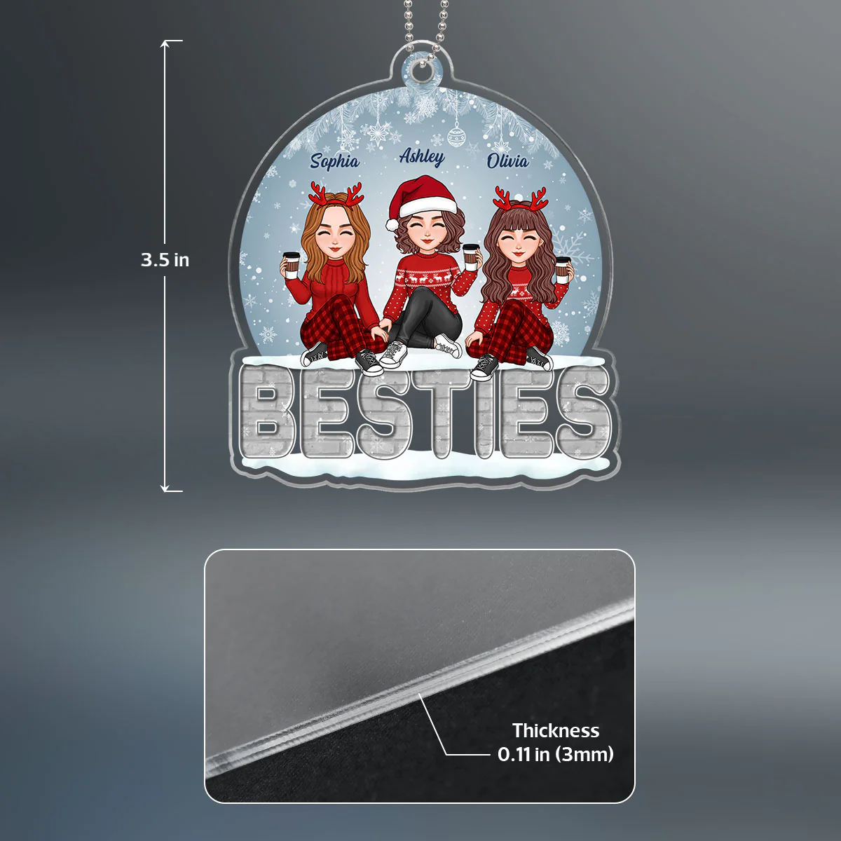 Sisters Besties Sitting On Brick Snow Globe Personalized Acrylic Ornament - Image 4