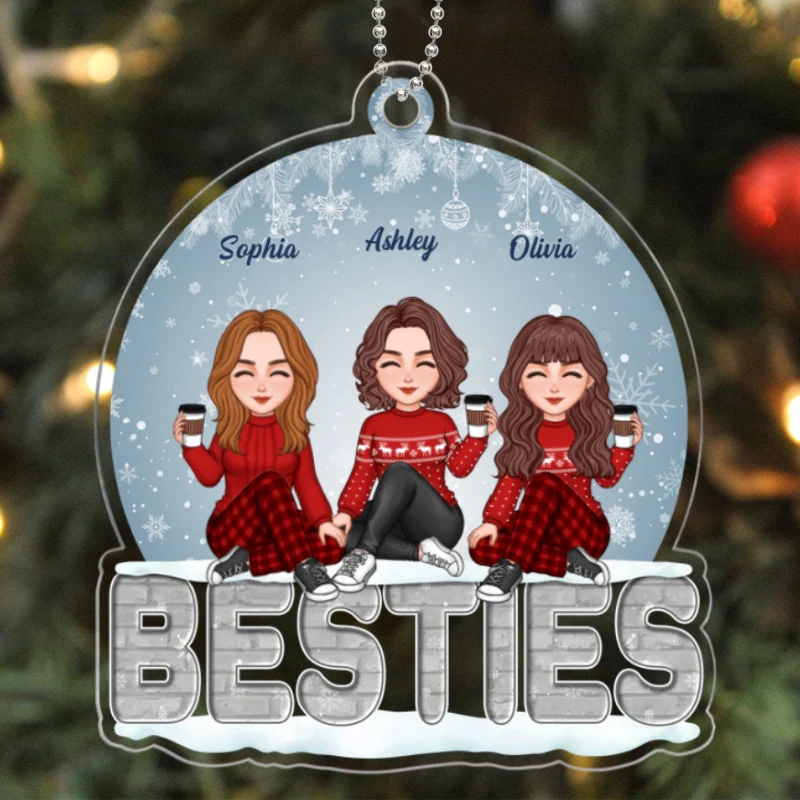 Sisters Besties Sitting On Brick Snow Globe Personalized Acrylic Ornament - Image 5