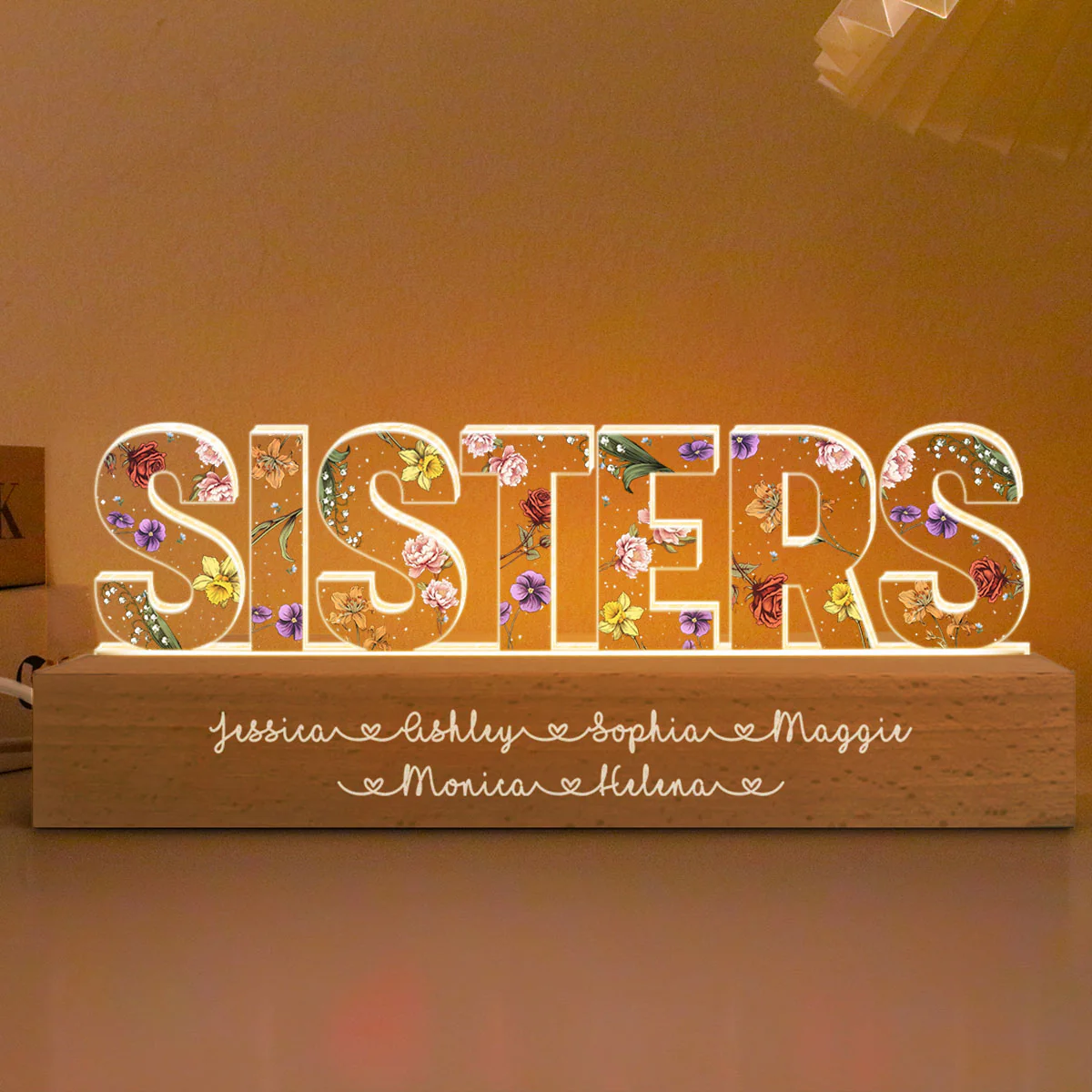 Sisters Birth Month Flower Personalized Acrylic LED Night Light, Birthday Christmas Gift For Sisters