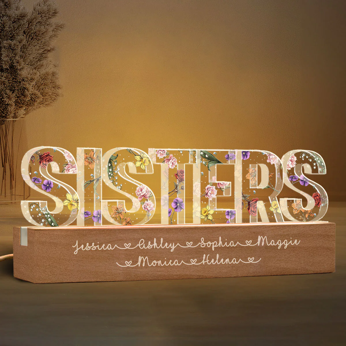 Sisters Birth Month Flower Personalized Acrylic LED Night Light, Birthday Christmas Gift For Sisters - Image 6