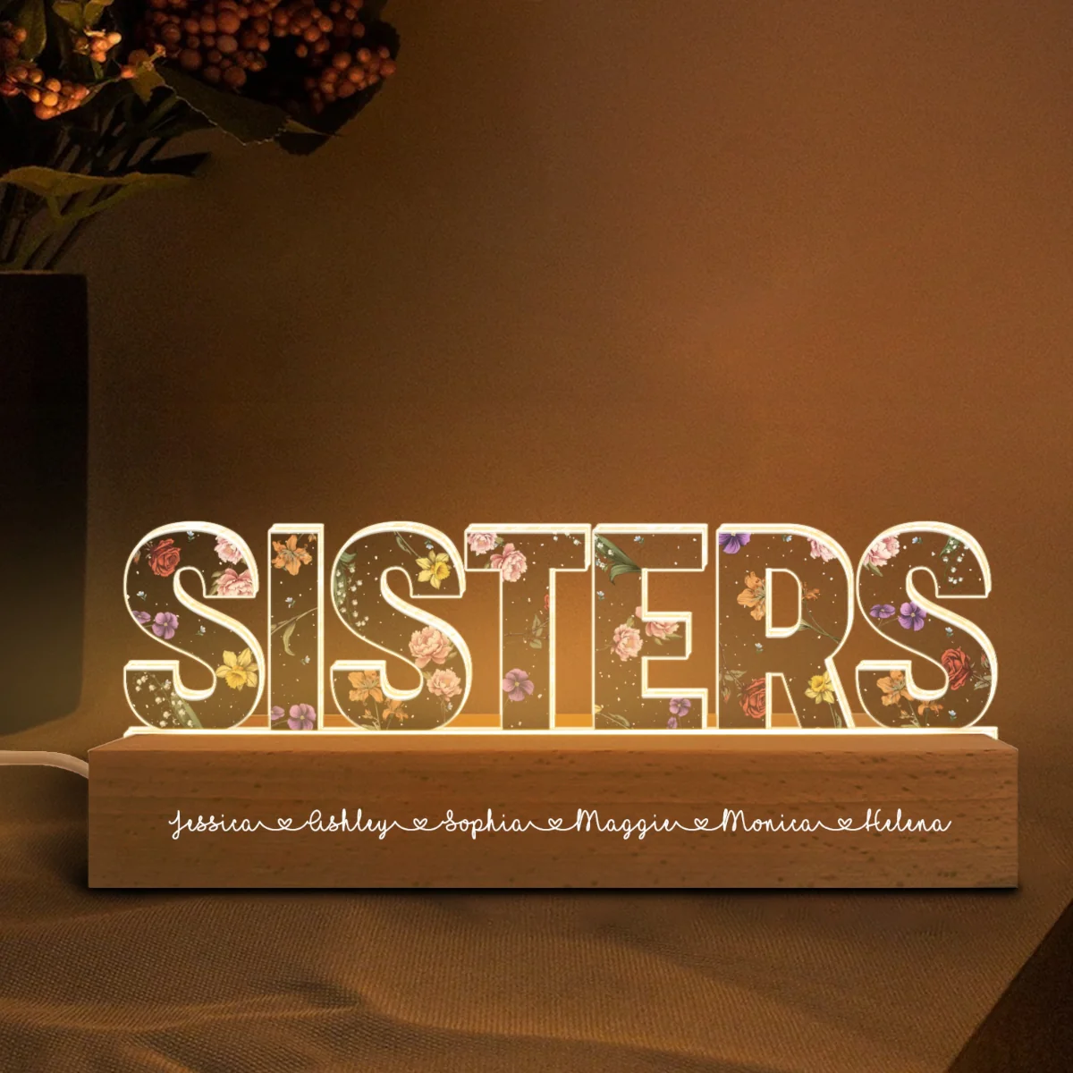 Sisters Birth Month Flower Personalized Acrylic LED Night Light, Birthday Christmas Gift For Sisters - Image 8