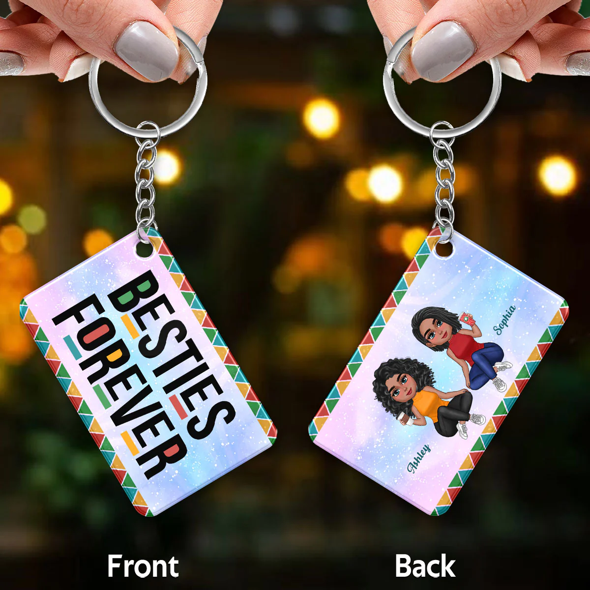 Sisters Forever Colorful Pattern Pretty Doll Besties Personalized Acrylic Keychain - Image 3